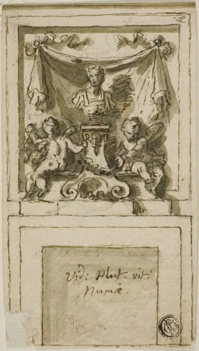 Framed Print : Design for the Overmantel of a Chimneypiece with Bust of Pompilius Numa, n. d Framed Print : Design for the Overmantel of a Chimneypiece with Bust of Pompilius Numa, n. d