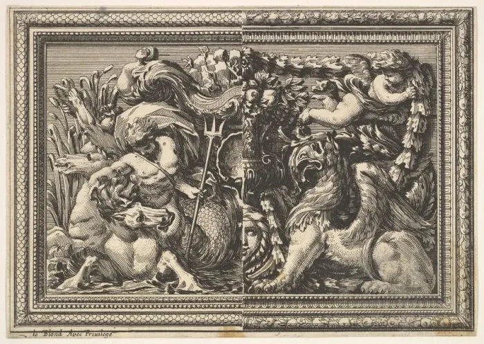Framed Print : Design for a Panel with Two Variants containing a Hippocamp and a Griffin Framed Print : Design for a Panel with Two Variants containing a Hippocamp and a Griffin