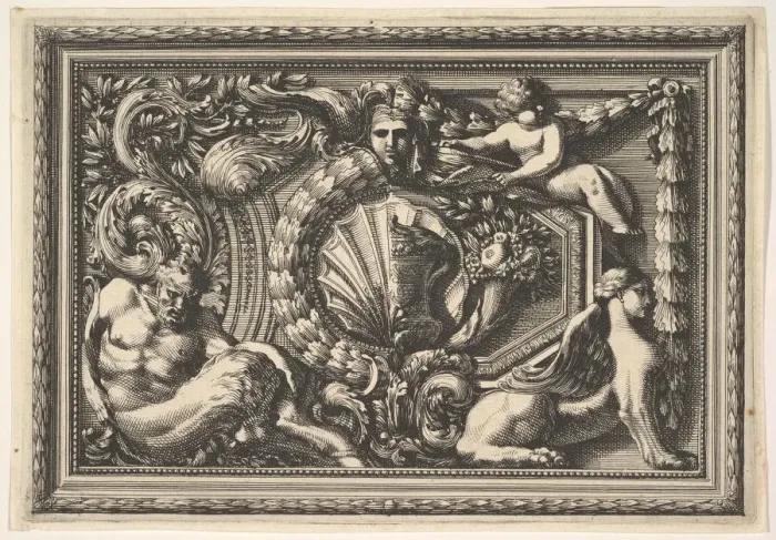 Framed Print : Design for a Panel with Two Variants containing a Satyr and a Sphynx, from: Pannea Framed Print : Design for a Panel with Two Variants containing a Satyr and a Sphynx, from: Pannea