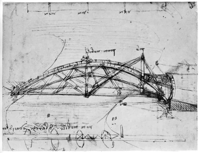 Framed Print : Design for a parabolic swing bridge, 1480-1490 (1954). Artist: Leonardo da Vinci Framed Print : Design for a parabolic swing bridge, 1480-1490 (1954). Artist: Leonardo da Vinci