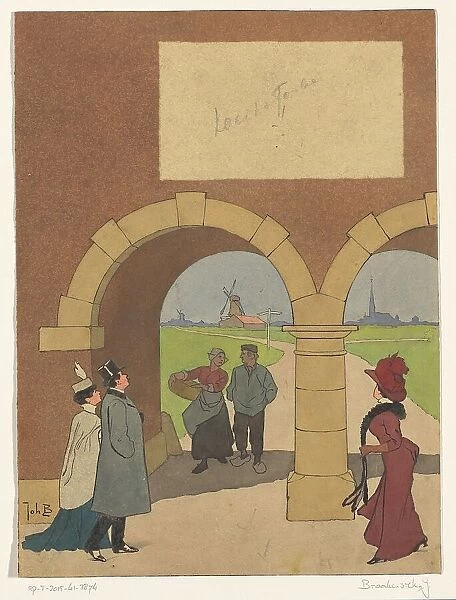 Design with pedestrians at a gatehouse, 1868-1940. Creator: Johan Coenraad Braakensiek