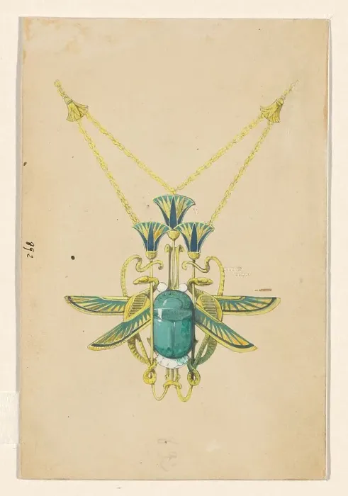 Framed Print : Design for a pendant with a scarab, snakes and lotus flowers, of enamelled gold with a scarab, c.190 Creator: Paul Louchet Framed Print : Design for a pendant with a scarab, snakes and lotus flowers, of enamelled gold with a scarab, c.190 Creator: Paul Louchet
