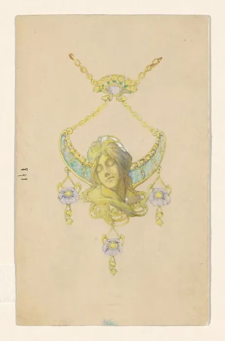 Framed Print : Design for a pendant with a sleeping women's head and poppies, enamelled gold, c.1905. Creator: Paul Louchet Framed Print : Design for a pendant with a sleeping women's head and poppies, enamelled gold, c.1905. Creator: Paul Louchet