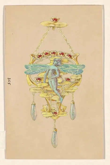 Framed Print : Design for a pendant with a woman with dragonfly wings, of gold, rubies, opals and enamel, c.1905. Creator: Paul Louchet Framed Print : Design for a pendant with a woman with dragonfly wings, of gold, rubies, opals and enamel, c.1905. Creator: Paul Louchet