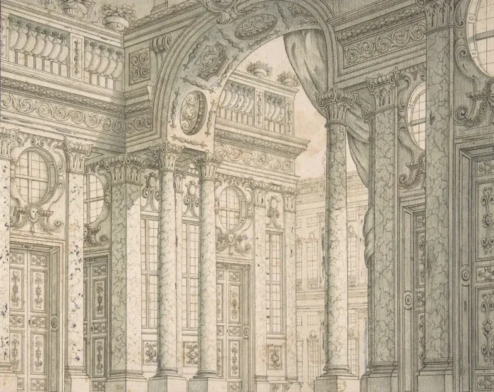 Framed Print : Design of a Perspective for a Stage Set with Courtyard and Triumphal Arch. ca. 1675-1743 Framed Print : Design of a Perspective for a Stage Set with Courtyard and Triumphal Arch. ca. 1675-1743