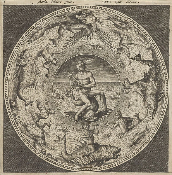 Design for a Plate with Arion Riding a Dolphin in a Medallion Bordered by Sea Monsters