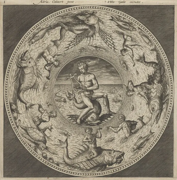 Framed Print : Design for a Plate with Arion Riding a Dolphin in a Medallion Bordered by Sea Monsters Framed Print : Design for a Plate with Arion Riding a Dolphin in a Medallion Bordered by Sea Monsters