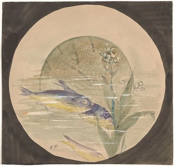 Design for a plate with three blue and yellow fish and a water plant, c.1875-c.1890. Creator: Gustave Fraipont