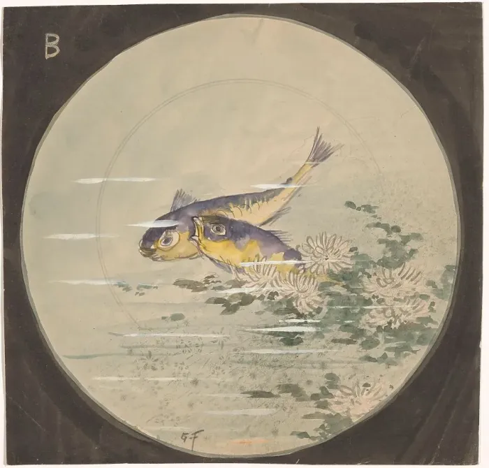 Framed Print : Design for a plate with two blue and yellow fish and waterlilies, c.1875-c.1890. Creator: Gustave Fraipont Framed Print : Design for a plate with two blue and yellow fish and waterlilies, c.1875-c.1890. Creator: Gustave Fraipont