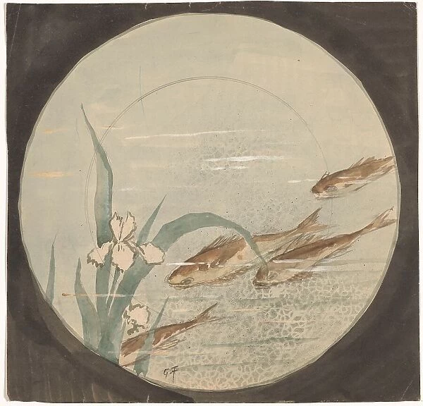 Design for a plate with four brown fish and a white iris, c.1875-c.1890. Creator: Gustave Fraipont
