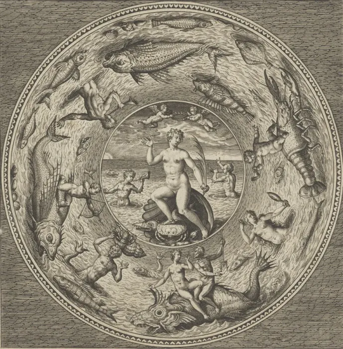 Framed Print : Design for a Plate with Galatea on a Shell Flanked by Trumpeters in a Medallion Border Framed Print : Design for a Plate with Galatea on a Shell Flanked by Trumpeters in a Medallion Border