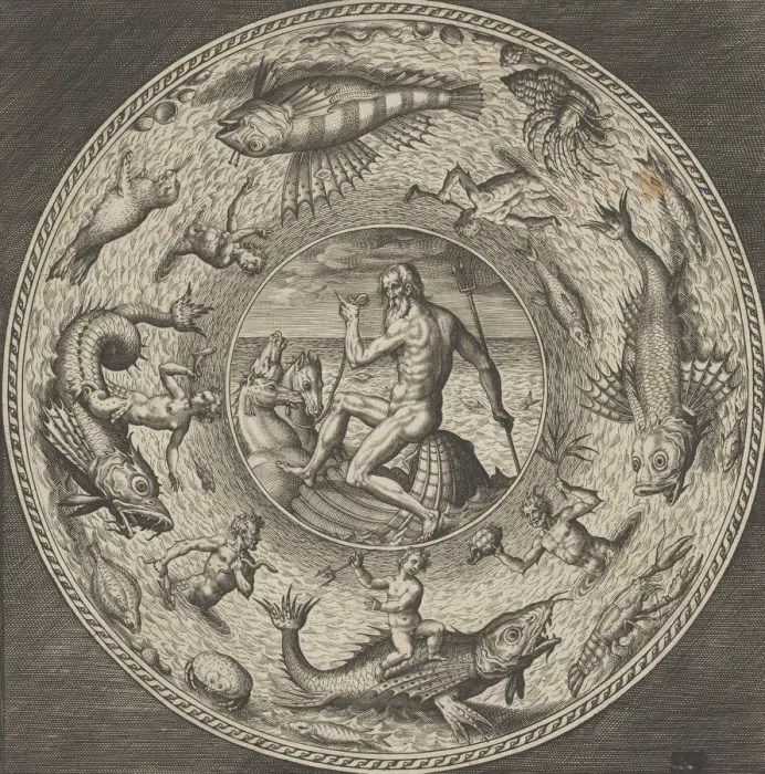 Framed Print : Design for a Plate with Neptune in a Shell Drawn by Horses in a Medallion Bordered by Framed Print : Design for a Plate with Neptune in a Shell Drawn by Horses in a Medallion Bordered by