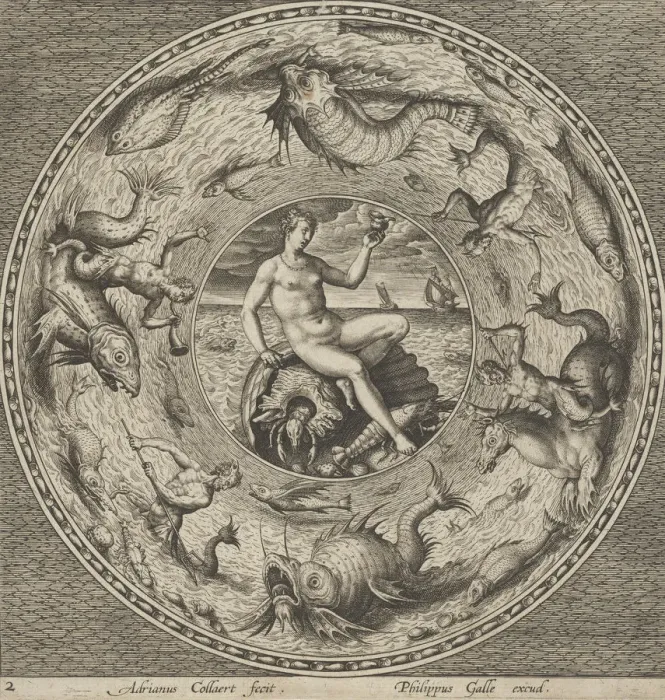 Framed Print : Design for a Plate with Thetis on a Shell in a Medallion Bordered by Sea Monsters, c1600 Framed Print : Design for a Plate with Thetis on a Shell in a Medallion Bordered by Sea Monsters, c1600
