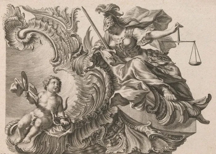 Framed Print : Design for a Rocaille Cartouche with the Figure of Justitia, Plate 2 from a Framed Print : Design for a Rocaille Cartouche with the Figure of Justitia, Plate 2 from a