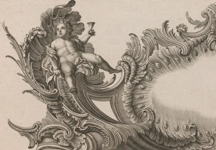 Framed Print : Design for a Rocaille Cartouche with the Figure of Putto holding up a Cup Framed Print : Design for a Rocaille Cartouche with the Figure of Putto holding up a Cup