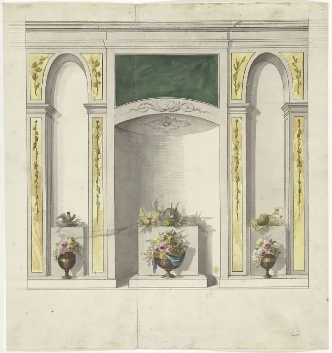 Framed Print : Design for room decorations with three niches and flower vases, 1767-1823. Creator: Abraham Meertens Framed Print : Design for room decorations with three niches and flower vases, 1767-1823. Creator: Abraham Meertens