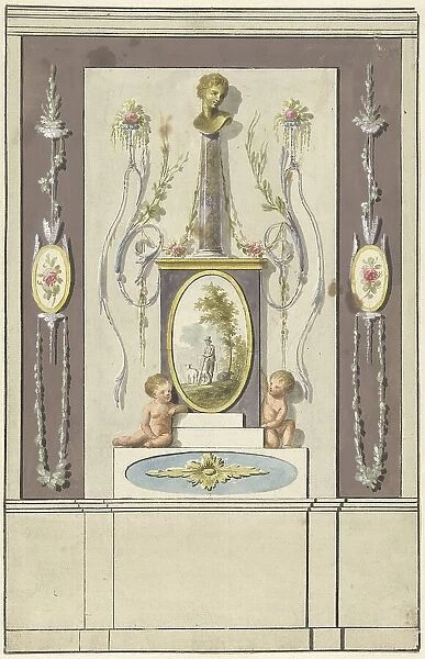 Design for room decorations with a panel with a bust on a column, 1767-1823. Creator: Abraham Meertens