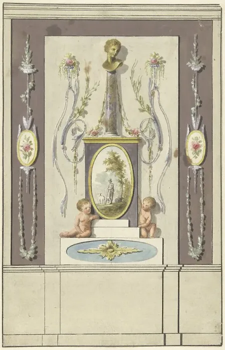 Framed Print : Design for room decorations with a panel with a bust on a column, 1767-1823. Creator: Abraham Meertens