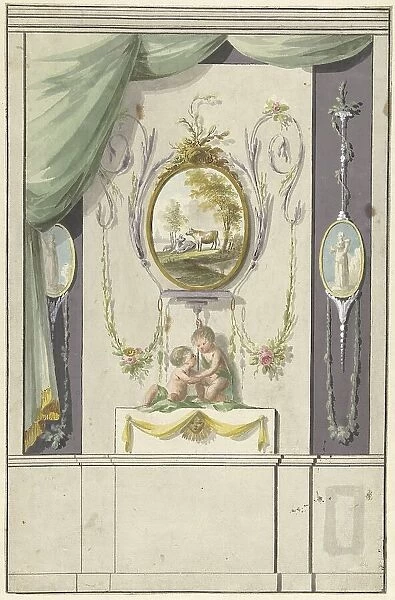 Design for room decorations with a panel with a medallion with cows, 1767-1823. Creator: Abraham Meertens