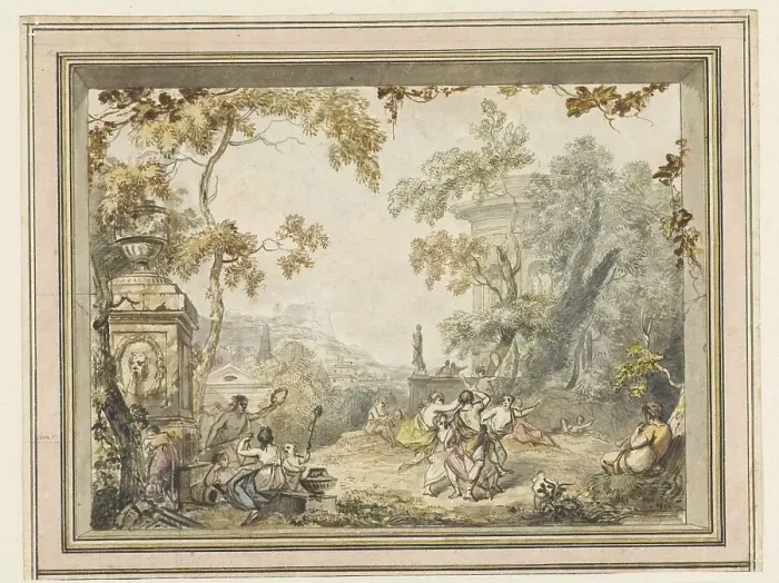 Framed Print : Design for a room painting: idyllic-arcadian landscape with classic buildings, 1752-1819. Creator: Juriaan Andriessen Framed Print : Design for a room painting: idyllic-arcadian landscape with classic buildings, 1752-1819. Creator: Juriaan Andriessen
