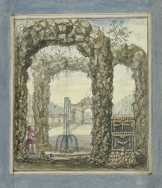 Design for a room painting with stone arches with a fountain and a view of a garden, 1677-1755. Creator: Elias van Nijmegen