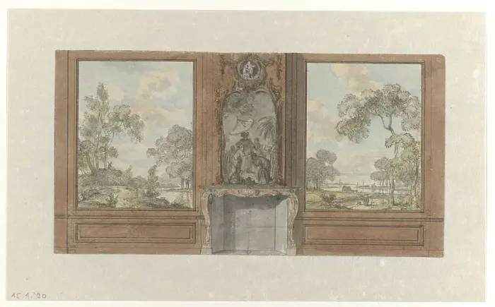 Framed Print : Design for room wall with chimney piece wih motif of the baptism of the Eunuch, c.1752-c.1819. Creator: Juriaan Andriessen Framed Print : Design for room wall with chimney piece wih motif of the baptism of the Eunuch, c.1752-c.1819. Creator: Juriaan Andriessen