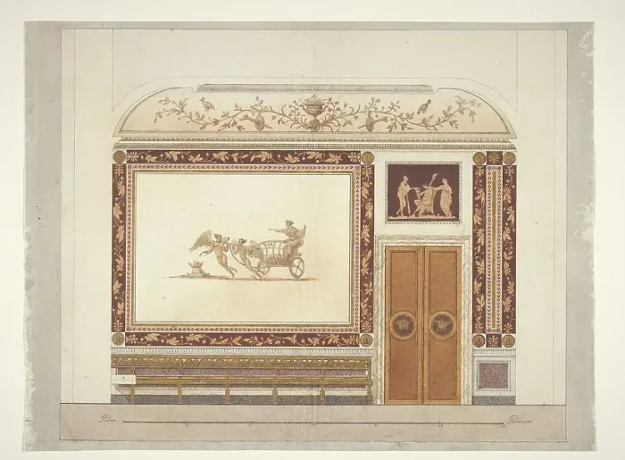 Framed Print : Design for a room wall in Etruscan style with a sofa, 1790-1795. Creator: Anon Framed Print : Design for a room wall in Etruscan style with a sofa, 1790-1795. Creator: Anon