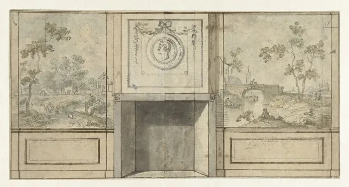Framed Print : Design for room wall with fireplace in grey with medallion, c.1752-c.1819. Creator: Juriaan Andriessen Framed Print : Design for room wall with fireplace in grey with medallion, c.1752-c.1819. Creator: Juriaan Andriessen