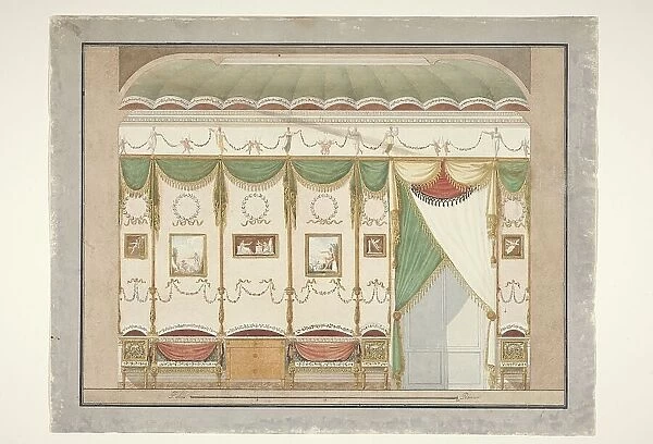 Design for a room wall with paintings, draperies and furniture, 1790-1795. Creator: Anon