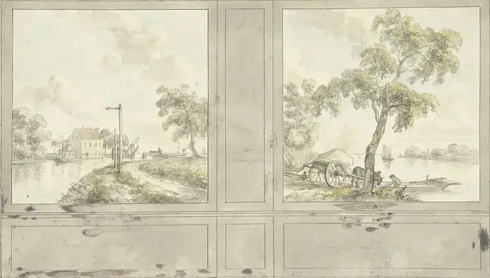 Framed Print : Design for room wall with paintings of Duivendrechtse Bridge and Krimpen aan de Lek, 1752-1819. Creator: Juriaan Andriessen Framed Print : Design for room wall with paintings of Duivendrechtse Bridge and Krimpen aan de Lek, 1752-1819. Creator: Juriaan Andriessen