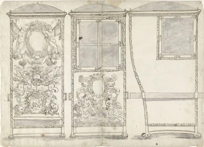 Framed Print : Design for a Sedan Chair, Viewed from the Back, the Front and the Right SIde, c.1650-c.1700. Creator: Anon Framed Print : Design for a Sedan Chair, Viewed from the Back, the Front and the Right SIde, c.1650-c.1700. Creator: Anon