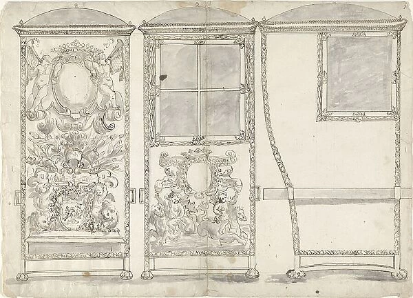 Design for a Sedan Chair, Viewed from the Back, the Front and the Right SIde, c.1650-c.1700. Creator: Anon