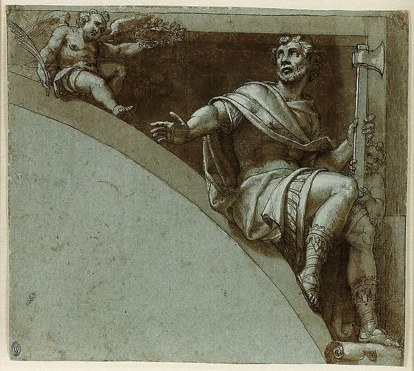 Design for a Spandrel: A Roman Martyr and Two Putti-Saint Jude the Apostle, 1573 / 75. Creator: Livio Agresti da Forlì