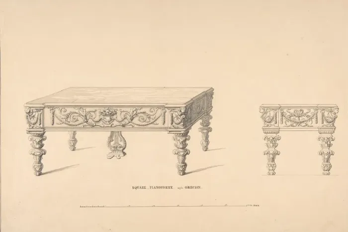Framed Print : Design for Square Pianoforte, Grecian Style, 1835-1900. Creator: Robert William Hume