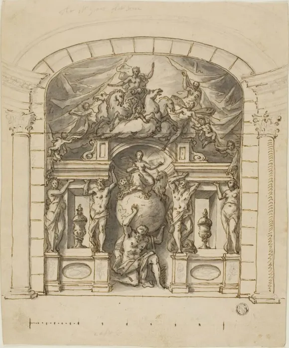 Framed Print : Design for Stage Scenery (Hampton Court) with Mythological Figures, 1695 / 1734 Framed Print : Design for Stage Scenery (Hampton Court) with Mythological Figures, 1695 / 1734