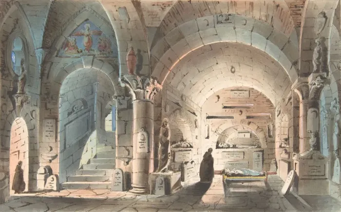 Framed Print : Design for a Stage Set: Crypt Scene, 1830-40. Creator: Anon