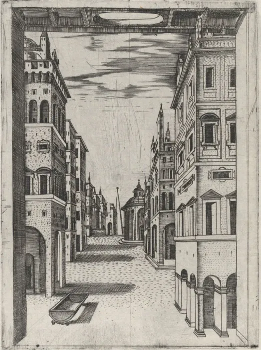 Framed Print : Design for a Stage Set Depicting a Perspectival View of an Ideal Renaissance City... ca. 1550-60. Creator: Anon Framed Print : Design for a Stage Set Depicting a Perspectival View of an Ideal Renaissance City... ca. 1550-60. Creator: Anon