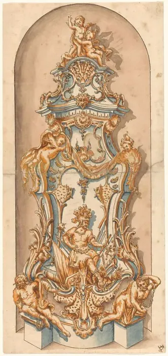 Framed Print : Design for a stove with Mars and two overcome, chained naked men, in a niche, c.1750. Creator: Anon Framed Print : Design for a stove with Mars and two overcome, chained naked men, in a niche, c.1750. Creator: Anon