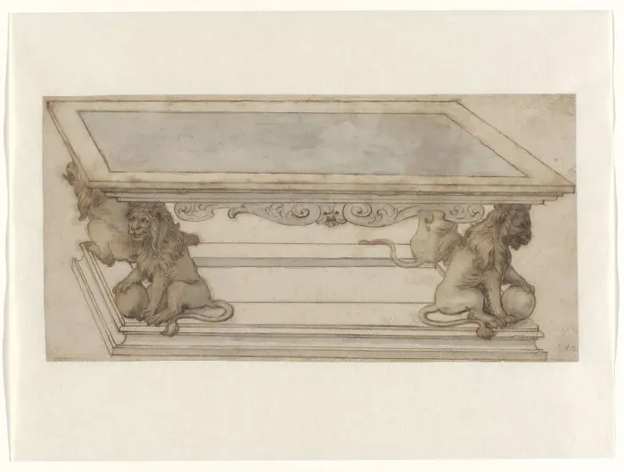 Framed Print : Design for a table with legs in the form of seated lions, c.1650. Creator: Anon Framed Print : Design for a table with legs in the form of seated lions, c.1650. Creator: Anon
