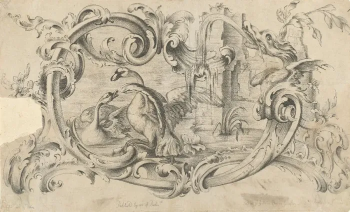 Framed Print : Design for a Tablet for a Chimney-Piece with Two Swans in Combat Framed Print : Design for a Tablet for a Chimney-Piece with Two Swans in Combat