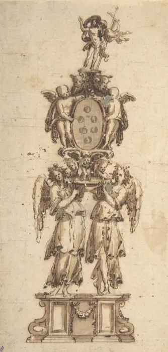 Framed Print : Design for a (Temporary?) Structure consisting of Two Angels carring Framed Print : Design for a (Temporary?) Structure consisting of Two Angels carring