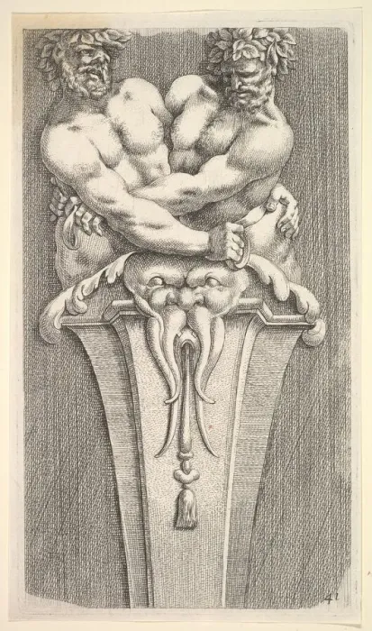 Framed Print : Design for a Term with Two Bacchic Figures, from: Curieuses recherches de plusieurs beaus Framed Print : Design for a Term with Two Bacchic Figures, from: Curieuses recherches de plusieurs beaus