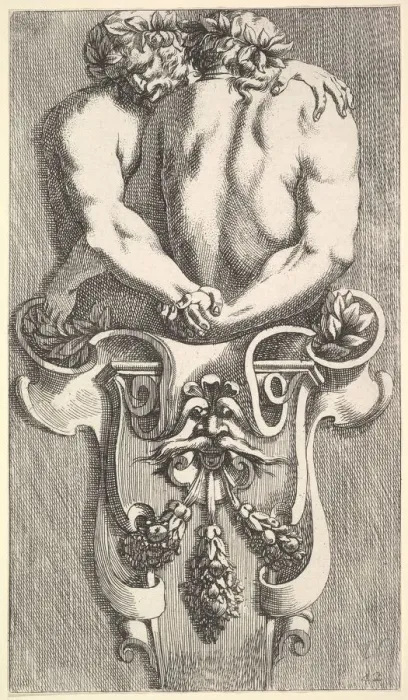 Framed Print : Design for a Term with Two Embracing Satyrs, from: Curieuses recherches de plusieurs Framed Print : Design for a Term with Two Embracing Satyrs, from: Curieuses recherches de plusieurs