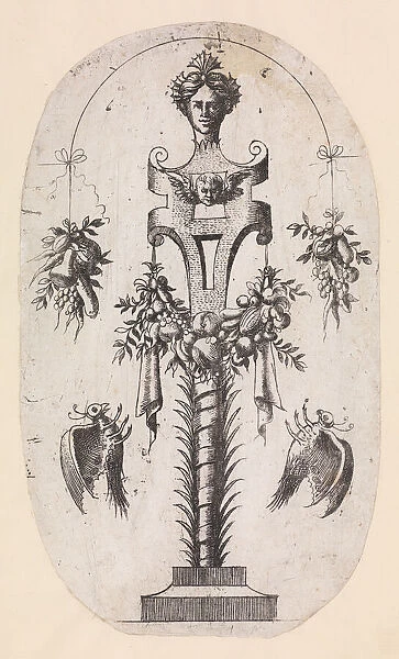 Design for a Term with the Head of Woman, Strapwork and Trophies, 1535-55