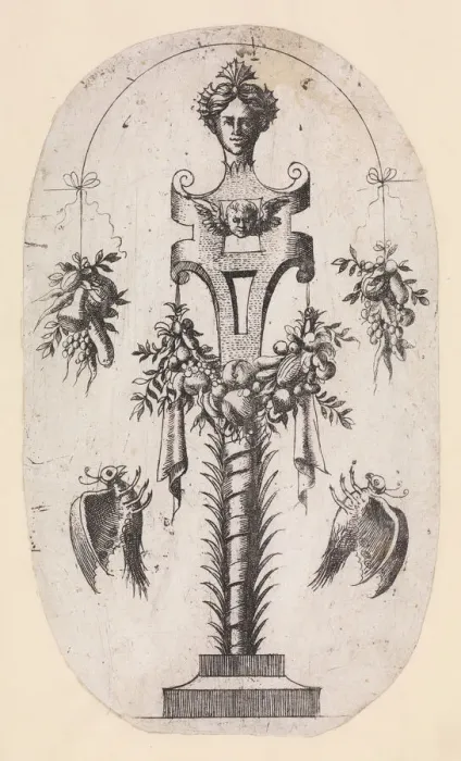 Framed Print : Design for a Term with the Head of Woman, Strapwork and Trophies, 1535-55 Framed Print : Design for a Term with the Head of Woman, Strapwork and Trophies, 1535-55