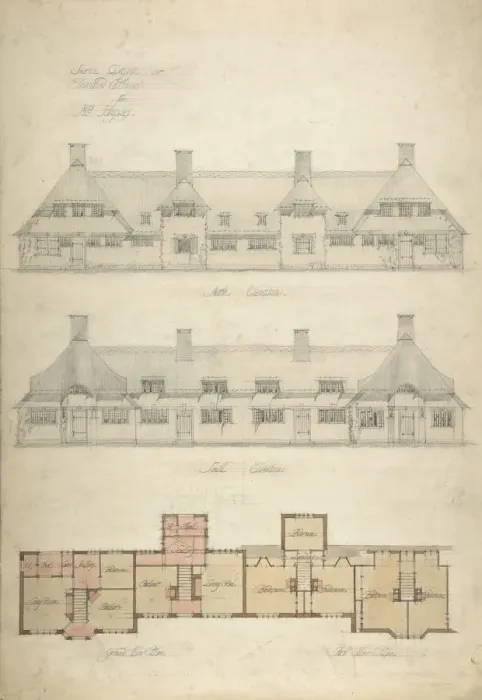 Framed Print : Design for Thatched Cottages for Mrs. Kingsley, 1910. Creator: Charles Edward Mallows Framed Print : Design for Thatched Cottages for Mrs. Kingsley, 1910. Creator: Charles Edward Mallows