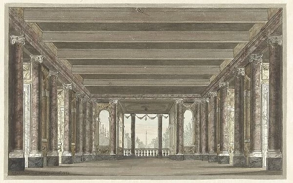 Design for a theater decor of a column gallery with Loggia, 1779. Creator: Pieter Barbiers