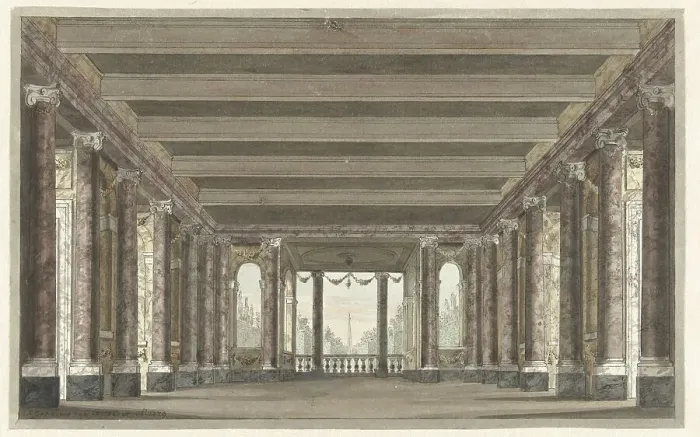 Framed Print : Design for a theater decor of a column gallery with Loggia, 1779. Creator: Pieter Barbiers Framed Print : Design for a theater decor of a column gallery with Loggia, 1779. Creator: Pieter Barbiers