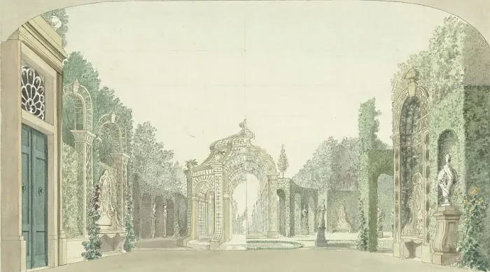 Framed Print : Design for a theater decor with a garden, c.1727-c.1780. Creator: Pieter Barbiers Framed Print : Design for a theater decor with a garden, c.1727-c.1780. Creator: Pieter Barbiers