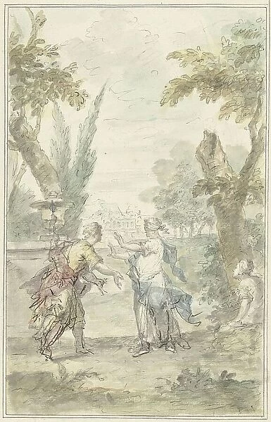 Design for a theatre piece: the blindfolded Amaryllis grabs Mirtillo, 1715-1798. Creator: Dionys van Nijmegen